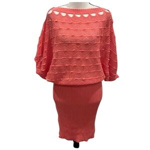 Vertigo Sweater Dress Coral Dolman Sleeve  Crochet Open Knit Vintage Large